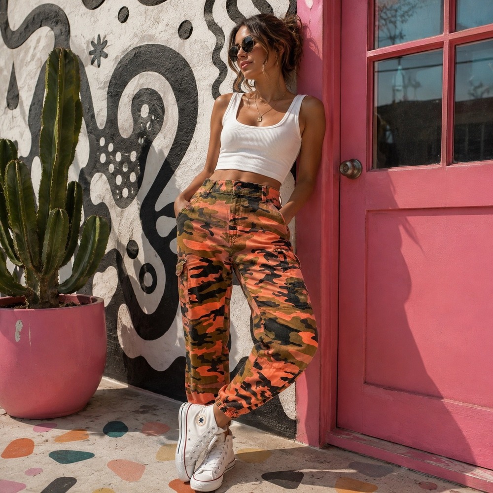 Redfox Women Orange Camo Cargo Jogger Pants Slim Fit Streetwear Size Small